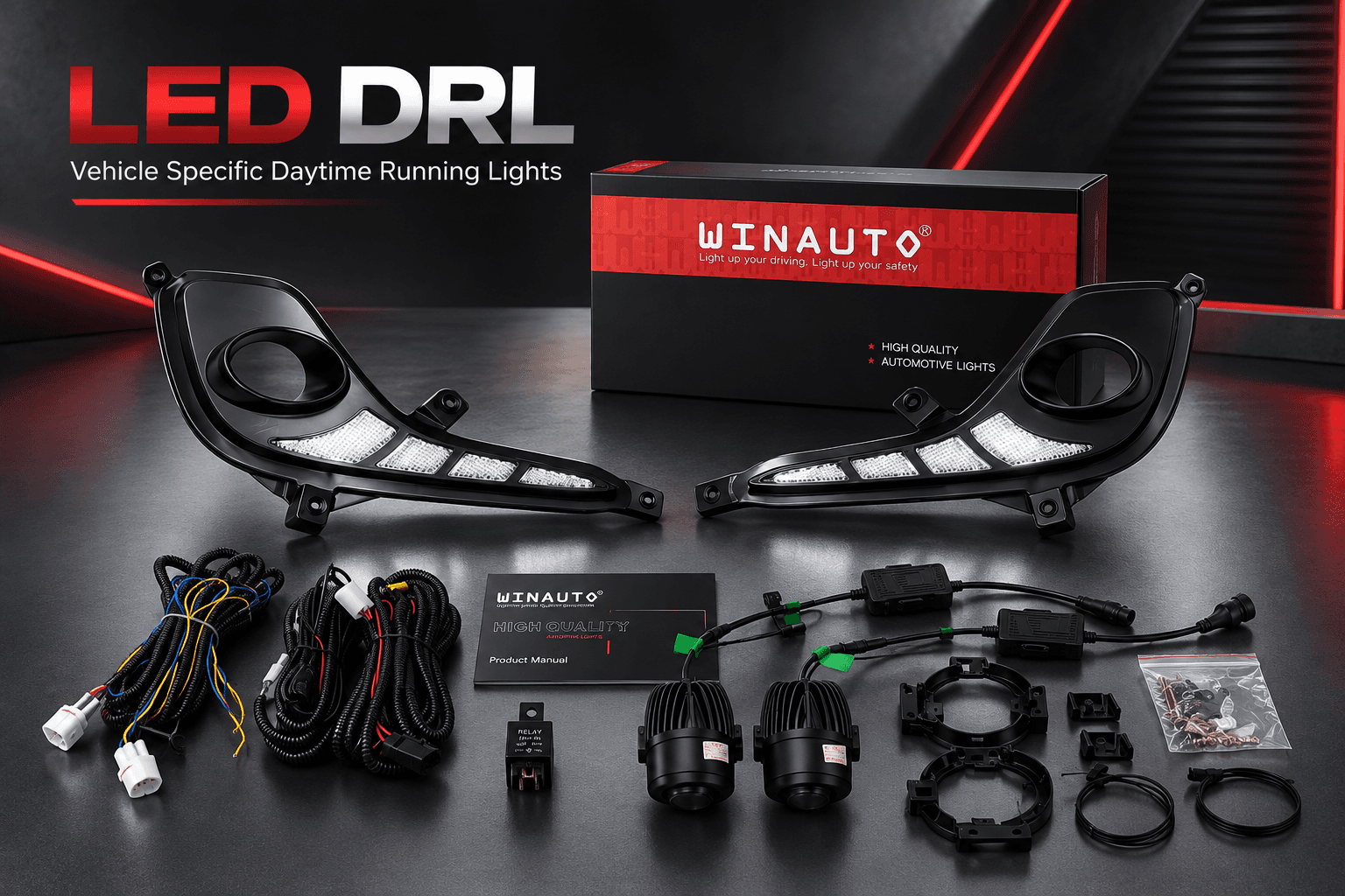 WINAUTO vehicle-specific LED DRL kit with wiring and accessories